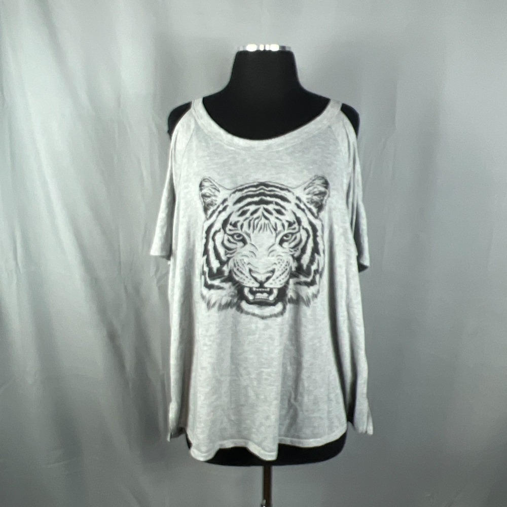 Misia Curvy T Shirt Womens 2X Heathered Gray Tiger Graphic Print Cold Shoulder